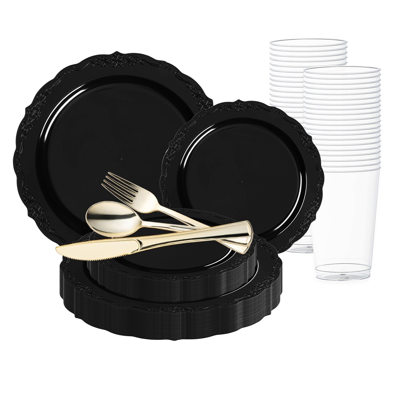 Black Vintage Rim Round Disposable Plastic Wedding Value Set (20 Settings)